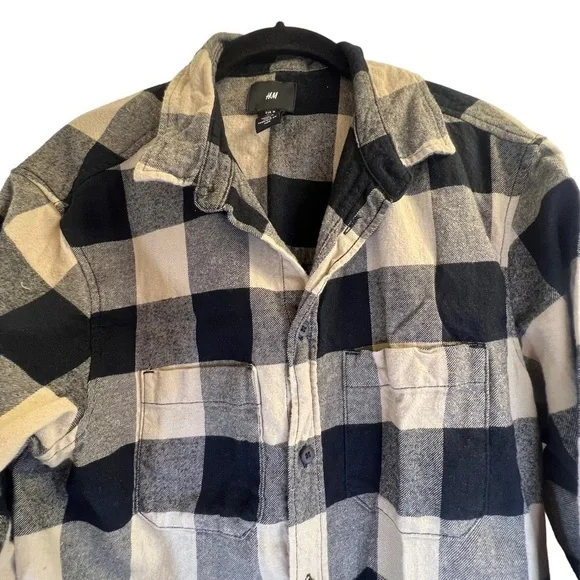 H&M Men's Shirt M Plaid Black Tan Long Sleeves - Picture 6 of 13
